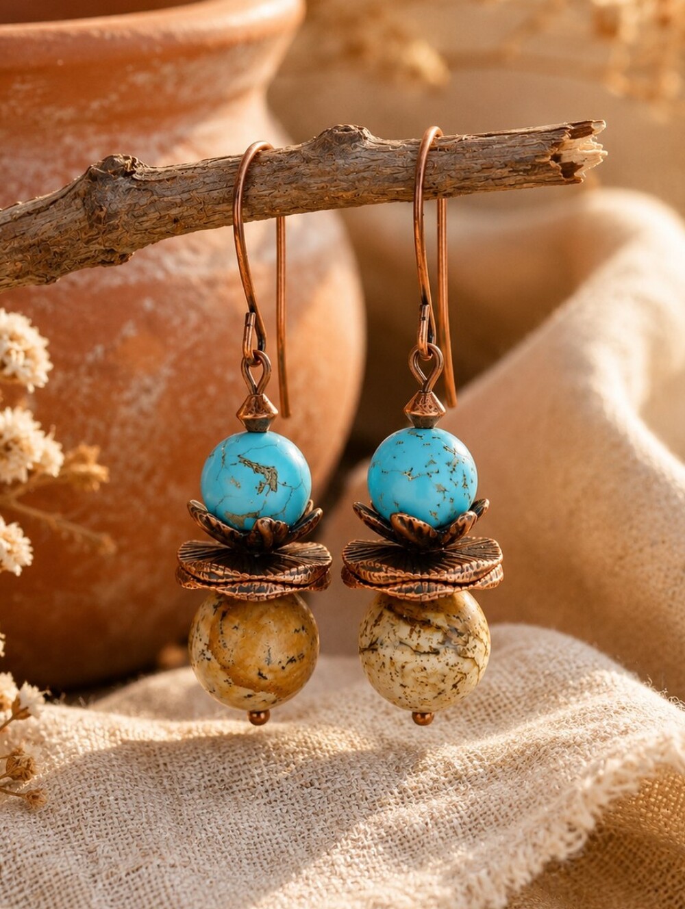 Copper Turquoise Earrings Picture Jasper Southwest Rustic Artisan Hand Crafted